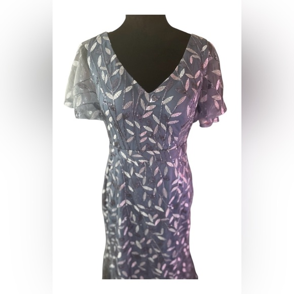 Mu Xiang Chen Elegant Dusty Blue Embroidered Evening Gown with belt Sz 8 nwot - Picture 3 of 3